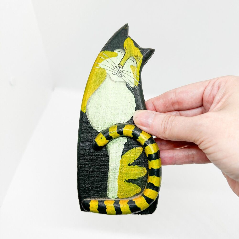 Vintage Whiskerville Wood Cat Hanging Ornament Folk Art Cottagecore
